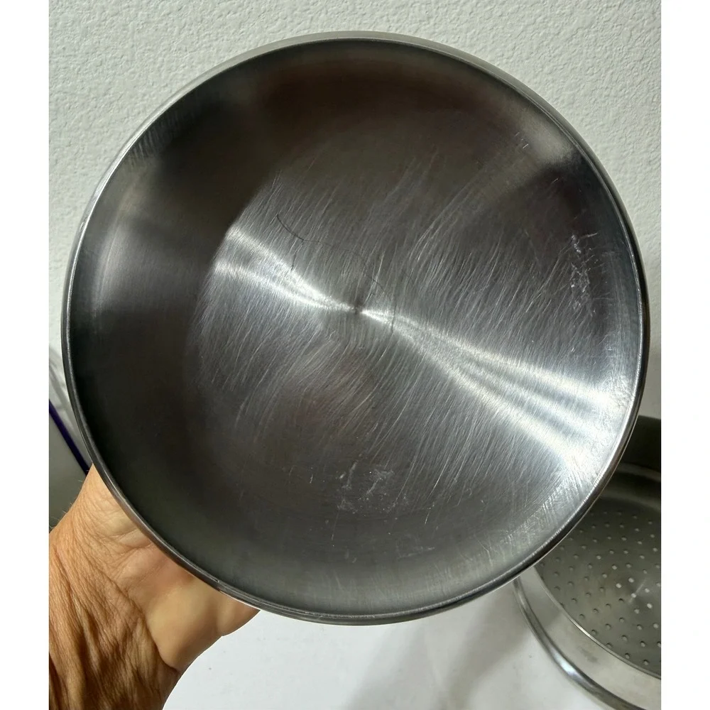 Vintage Stainless Steel Steamer Insert Pot with Lid Black Handle 6.25